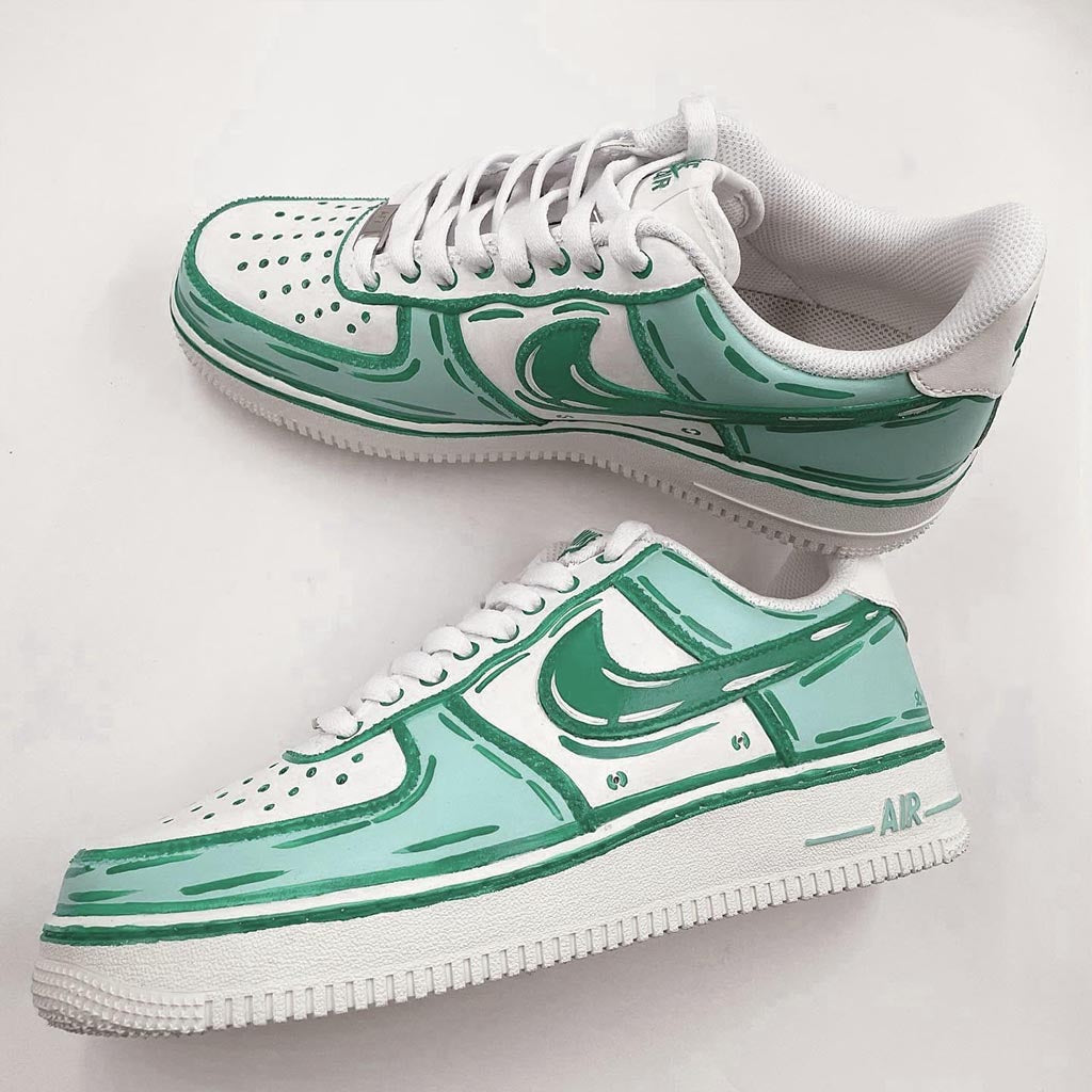 Customized Nike Air Force 1 sneakers with a cartoon style design in green and white.