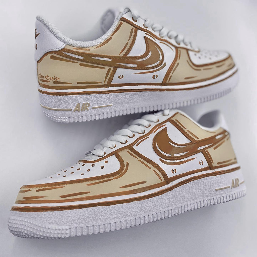 Customized Nike Air Force 1 sneakers with a cartoon style design in brown and white.