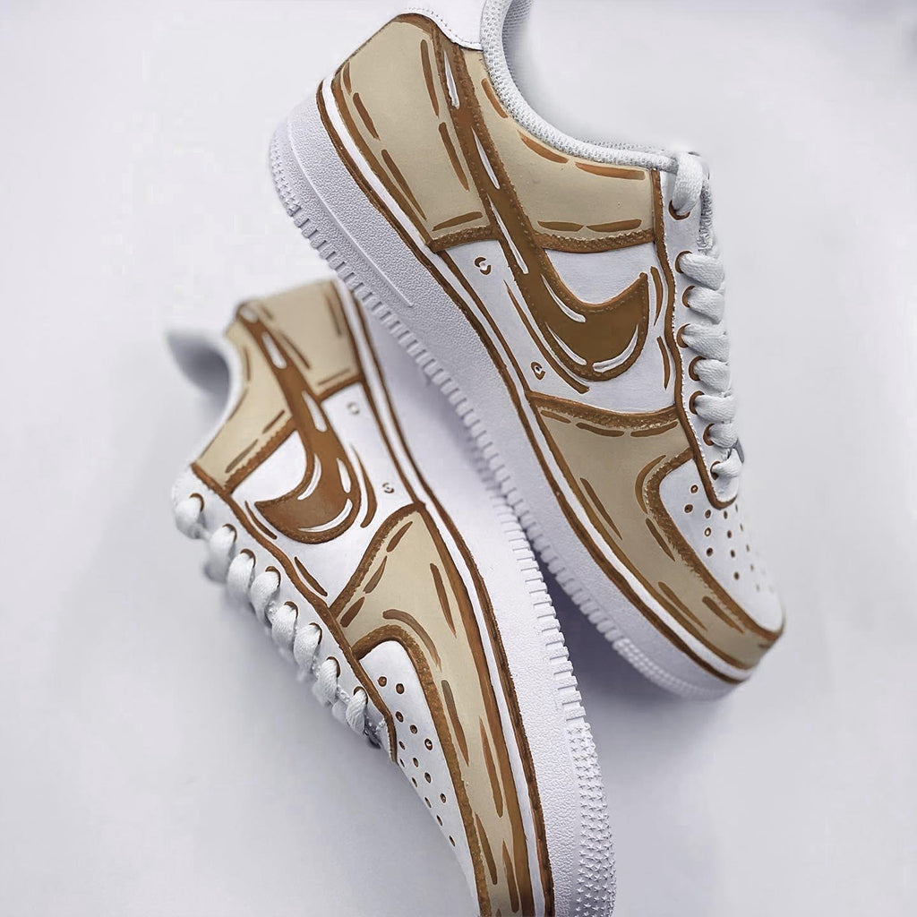 Customized Nike Air Force 1 sneakers with a cartoon style design in brown and white.