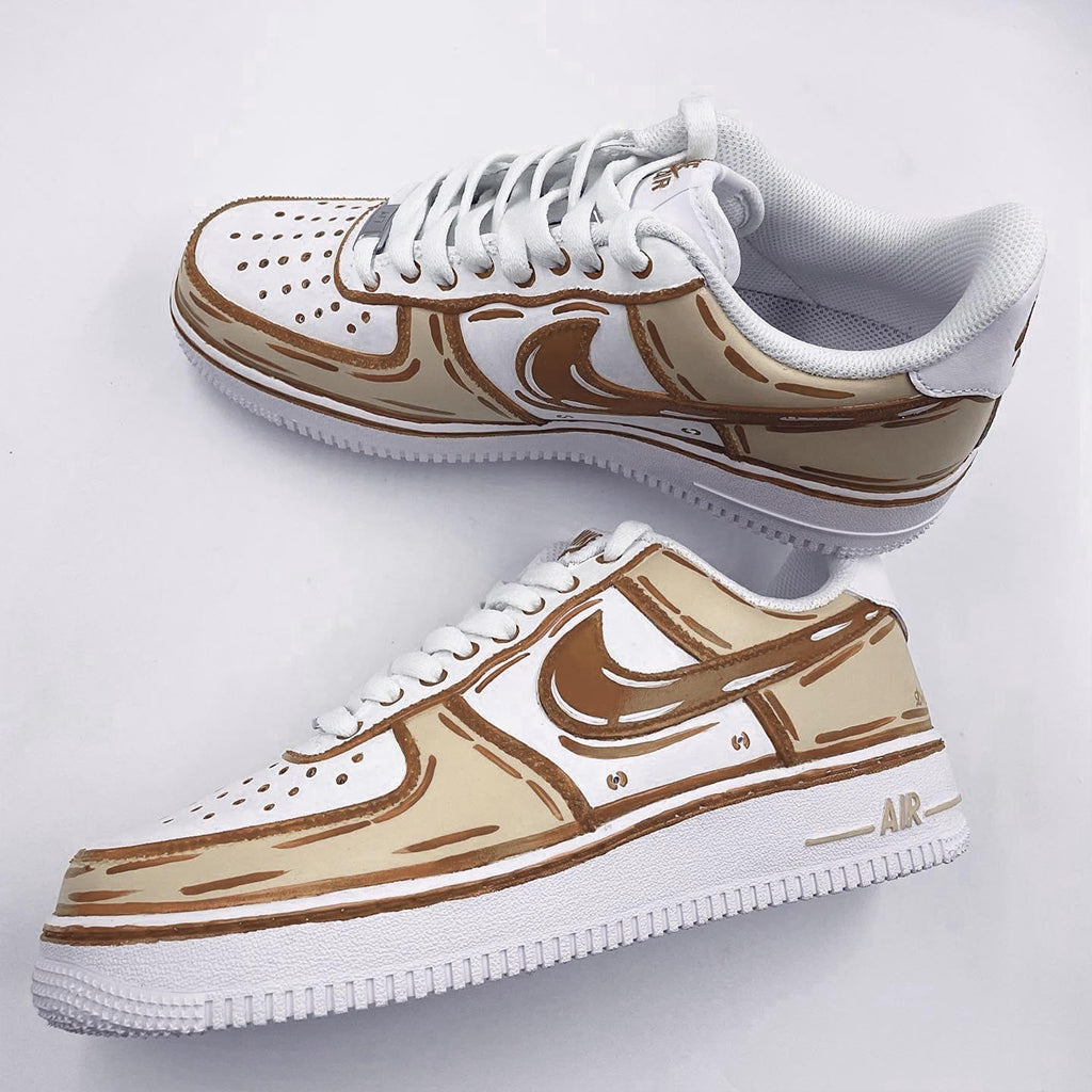 Customized Nike Air Force 1 sneakers with a cartoon style design in brown and white.