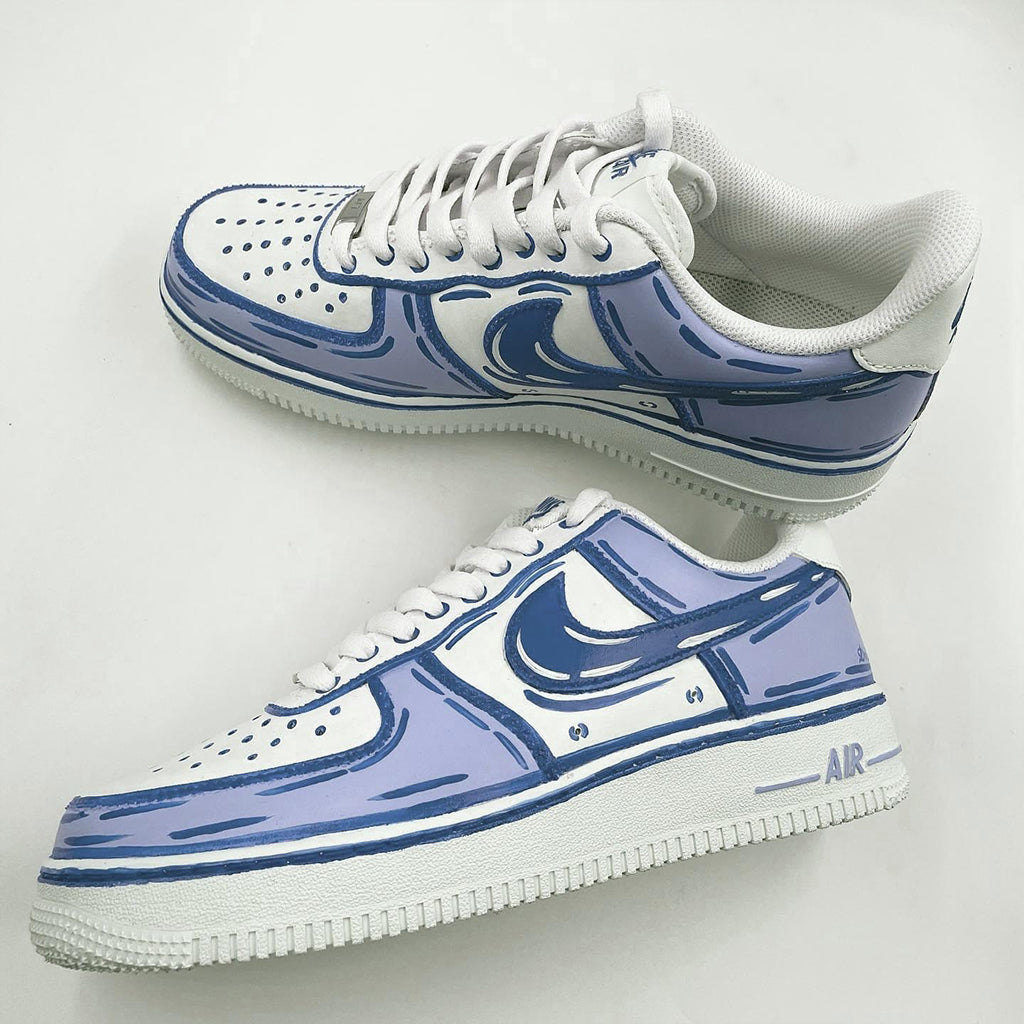 Customized Nike Air Force 1 sneakers with a cartoon style design in blue and white.
