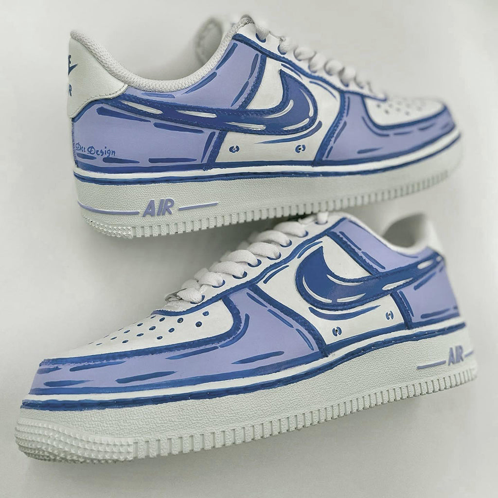 Customized Nike Air Force 1 sneakers with a cartoon style design in blue and white.