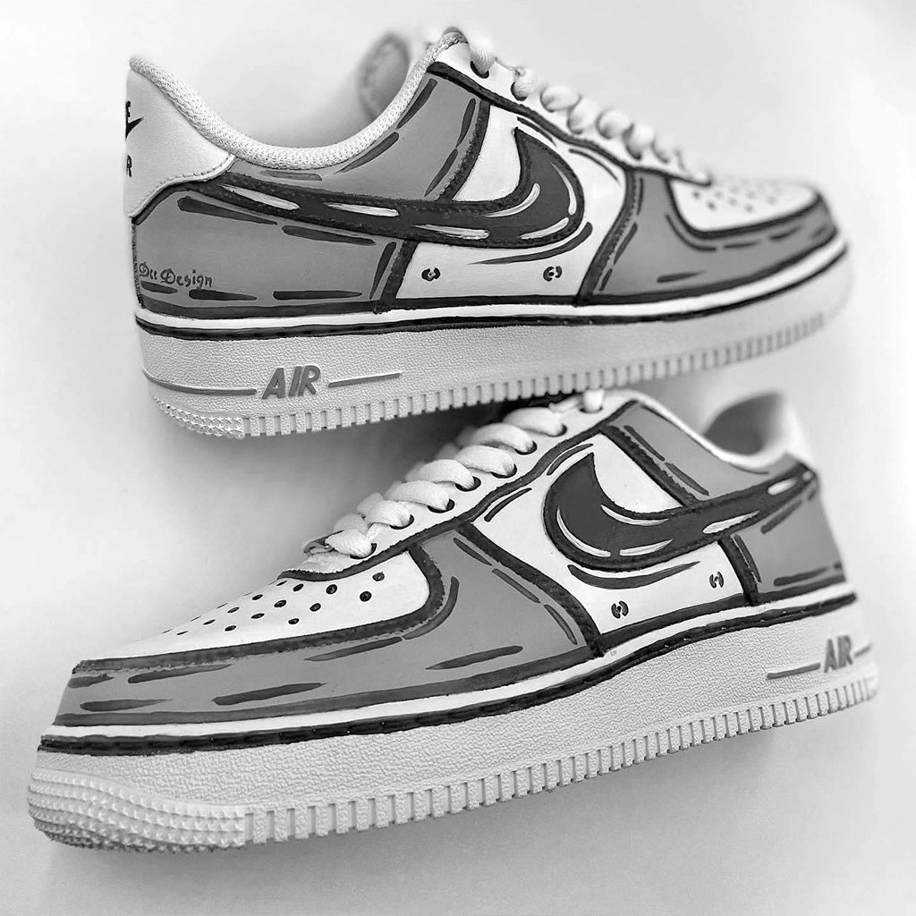 Customized Nike Air Force 1 sneakers with a cartoon style design in gray and white.