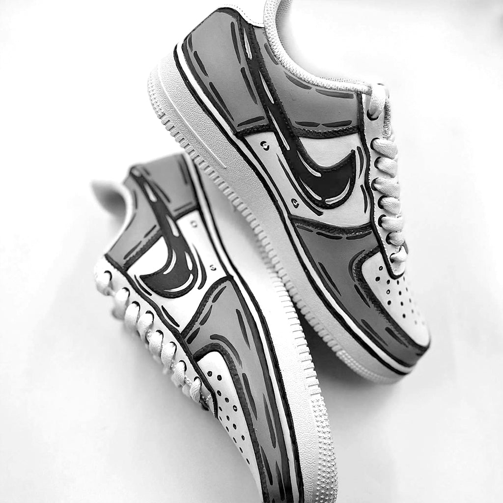 Customized Nike Air Force 1 sneakers with a cartoon style design in gray and white.