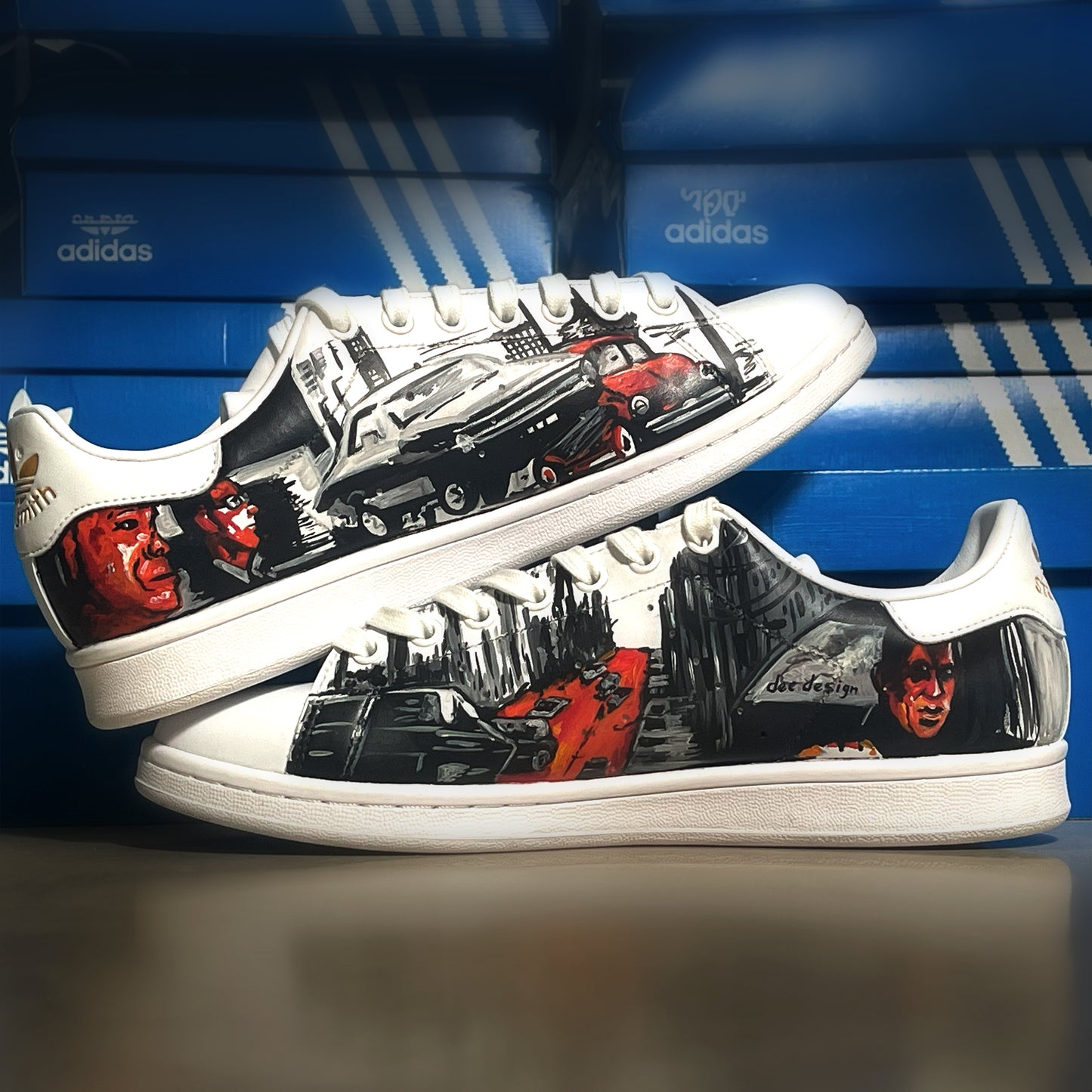 Handpainted Custom Adidas Sneakers – Urban Car Scene Design