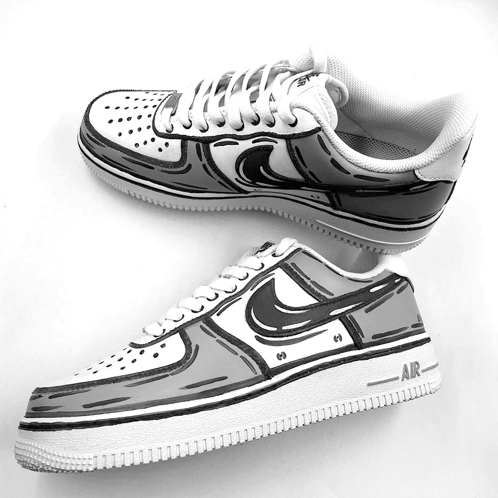 Customized Nike Air Force 1 sneakers with a cartoon style design in gray and white.