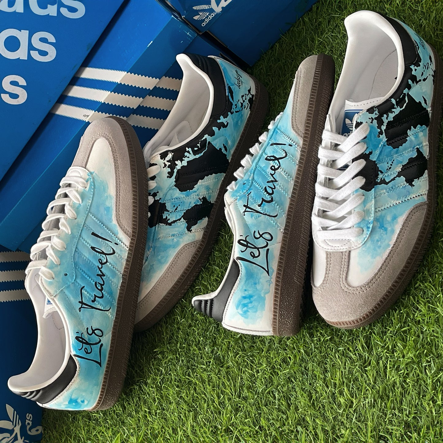 Handpainted Custom Adidas Sneakers with Travel-Inspired Artwork