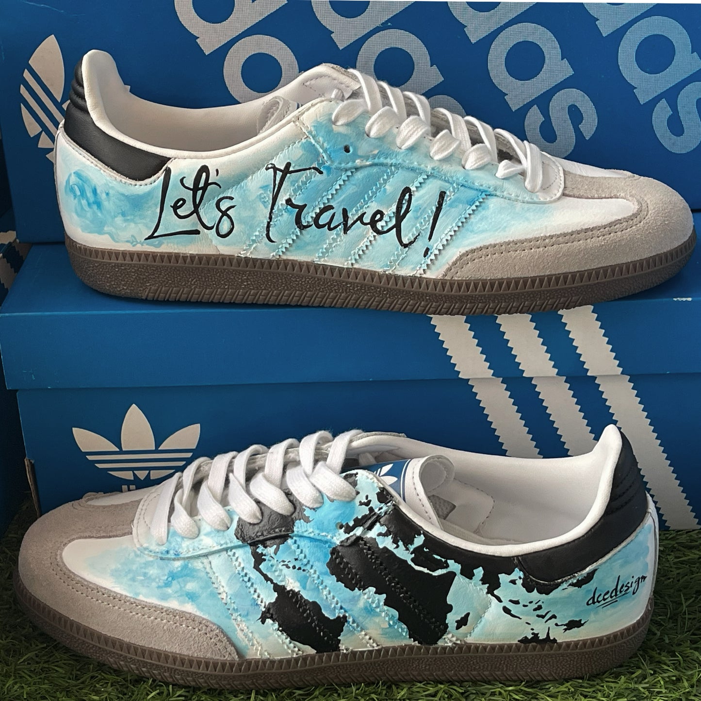 Handpainted Custom Adidas Sneakers with Travel-Inspired Artwork