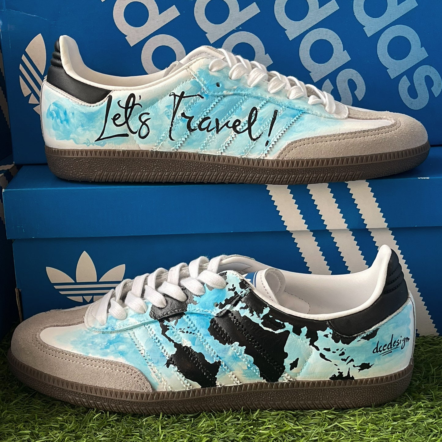Handpainted Custom Adidas Sneakers with Travel-Inspired Artwork