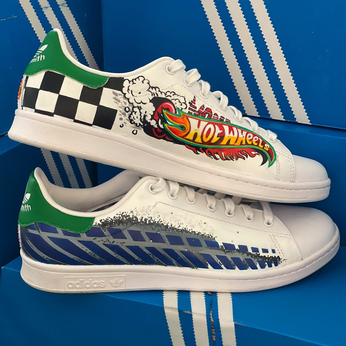 Handpainted Custom Adidas Sneakers with Hot Wheels-Inspired Artwork