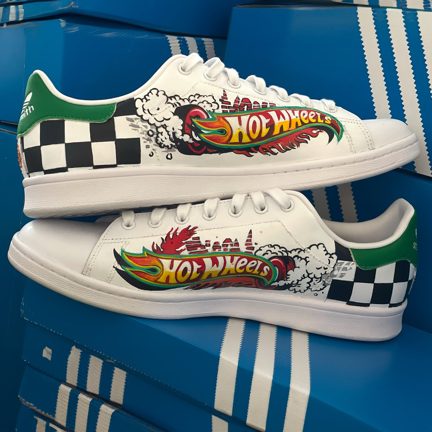 Handpainted Custom Adidas Sneakers with Hot Wheels-Inspired Artwork