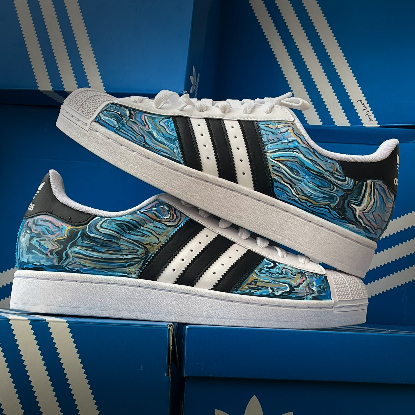 Handpainted Blue Swirl Adidas Superstar sneakers