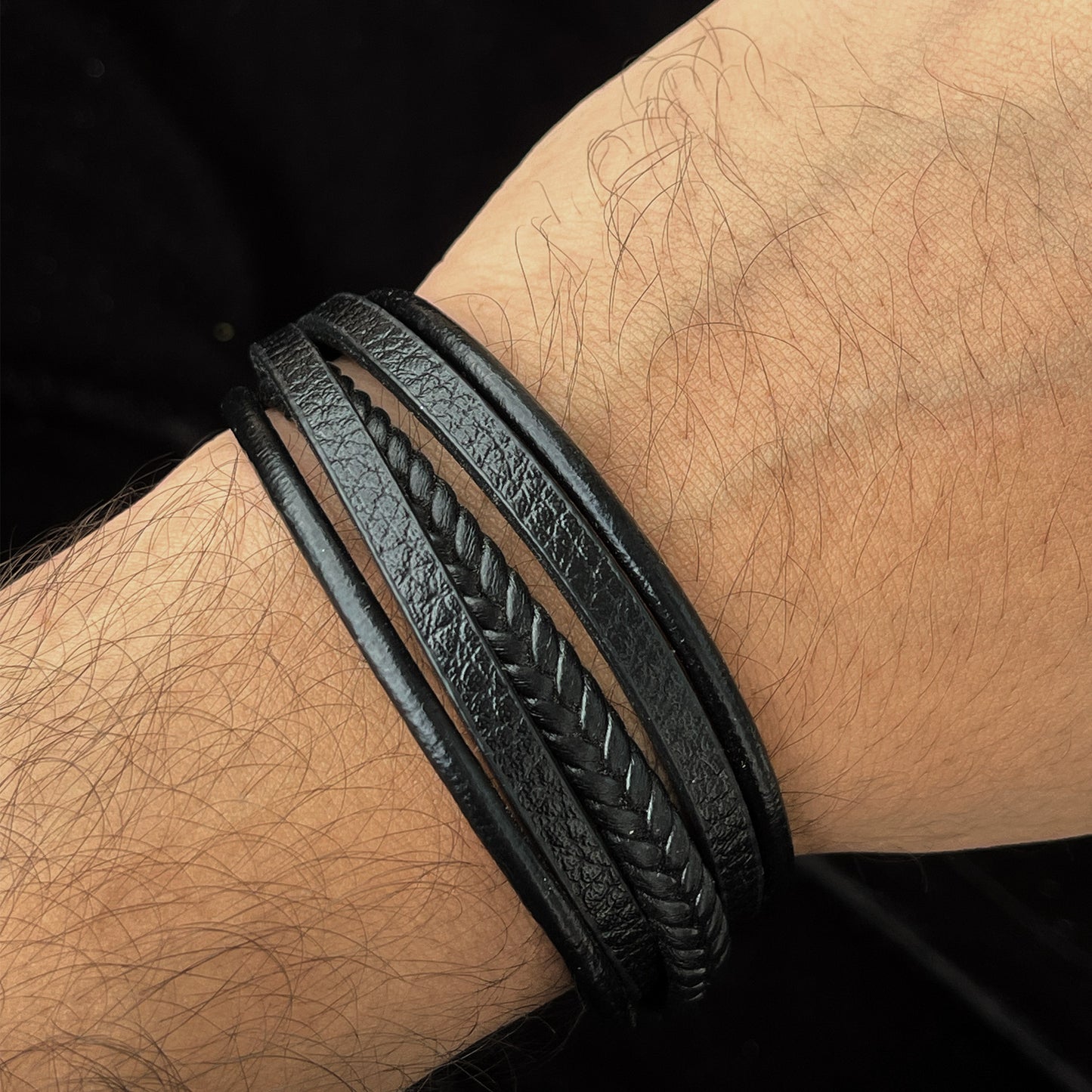 Stainless steel with braided and smooth leather bracelet