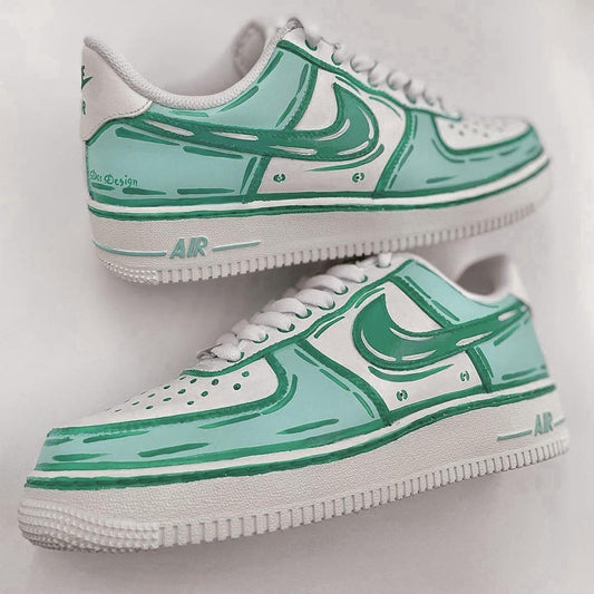 Customized Nike Air Force 1 sneakers with a cartoon style design in green and white.