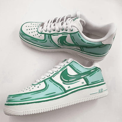 Customized Nike Air Force 1 sneakers with a cartoon style design in green and white.