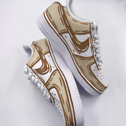 Customized Nike Air Force 1 sneakers with a cartoon style design in brown and white.