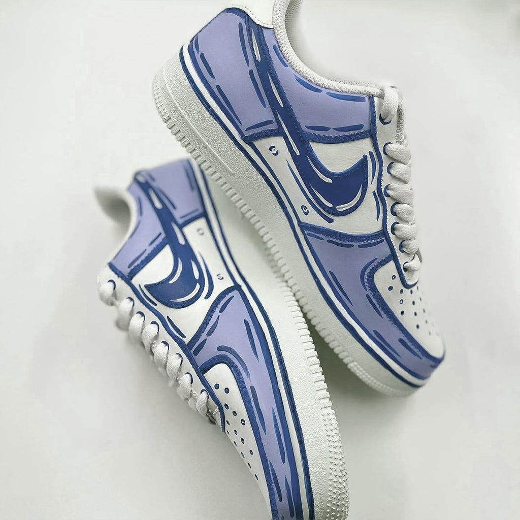 Customized Nike Air Force 1 sneakers with a cartoon style design in blue and white.