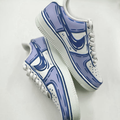 Customized Nike Air Force 1 sneakers with a cartoon style design in blue and white.