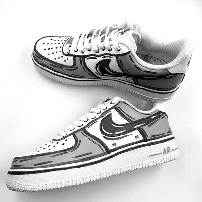Customized Nike Air Force 1 sneakers with a cartoon style design in gray and white.