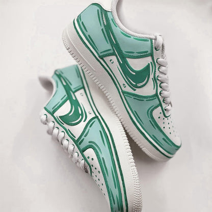 Customized Nike Air Force 1 sneakers with a cartoon style design in green and white.
