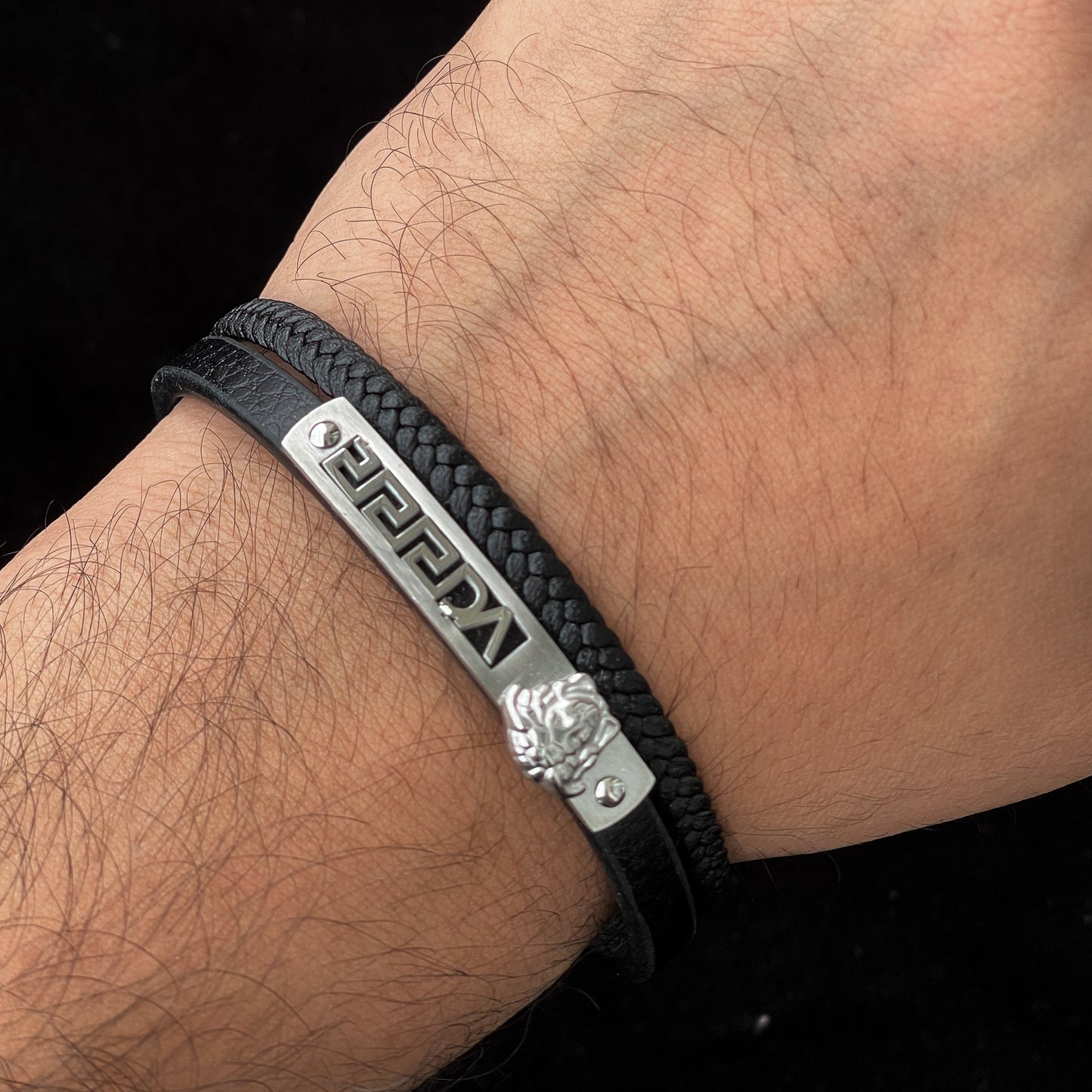 Leather Men's Bracelet – Modern Multi-Strand Design with Greek Key Pattern