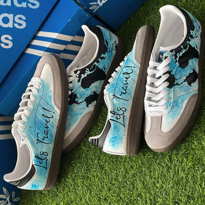 Handpainted Custom Adidas Sneakers with Travel-Inspired Artwork