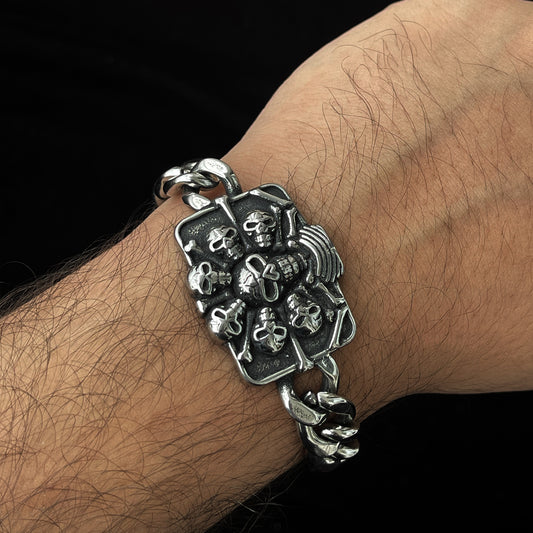Bold Stainless Steel Men's Bracelet – Intricate Skull and Crossbones Design