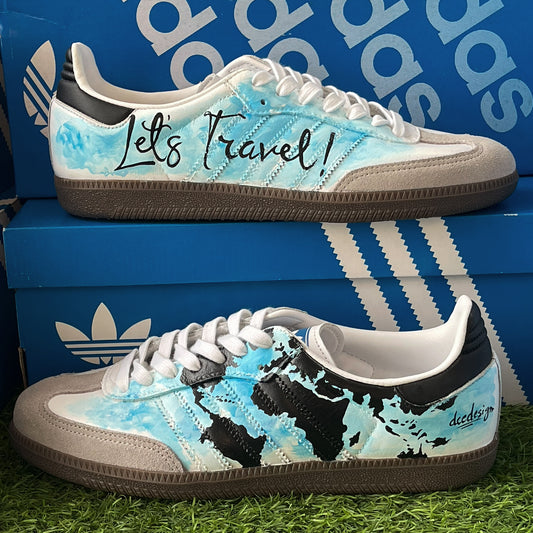 Handpainted Custom Adidas Sneakers with Travel-Inspired Artwork