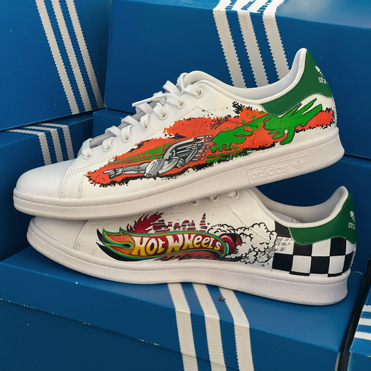 Handpainted Custom Adidas Sneakers with Hot Wheels-Inspired Artwork