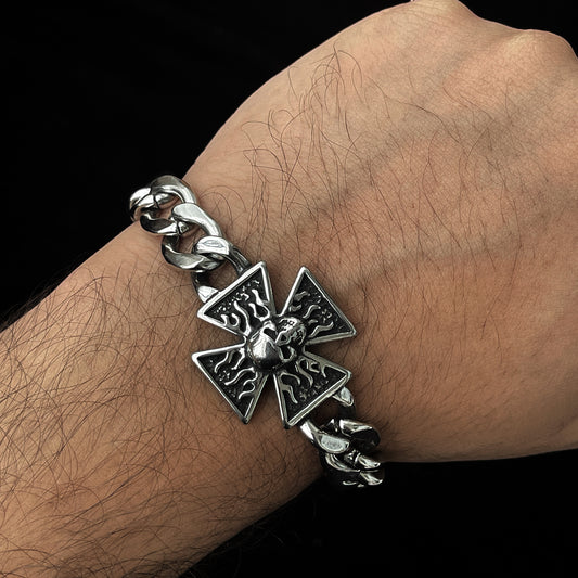 Stainless Steel Men's Bracelet – Unique Cross Design with Skull and Flames